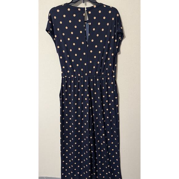 Women’s Capri Jumpsuit Sz XL Navy Blue Tan Polka Dots Faux Wrap Wide Legs - Picture 9 of 16